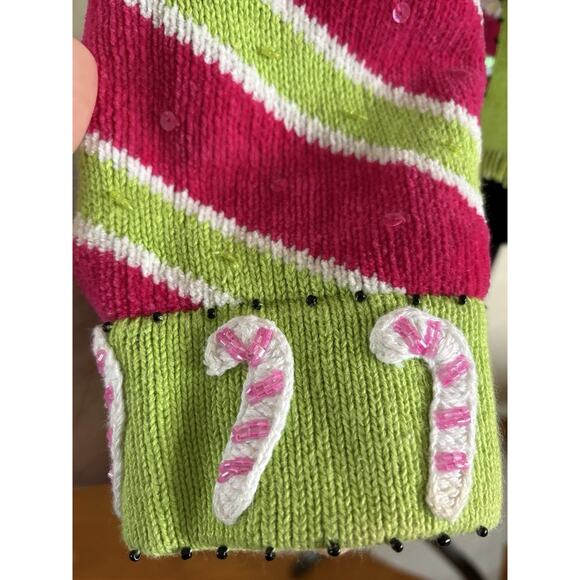 Design Options Philip Jane Gordon Cardigan - S Green Pink Candy Cane Beaded WOW! - Picture 5 of 10